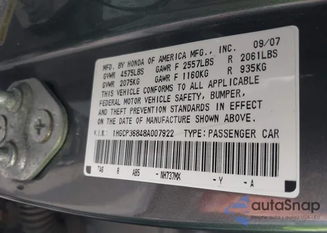 2008 Honda Accord 3.5 Ex-L from USA, damaged, VIN 1HGCP36848A007922